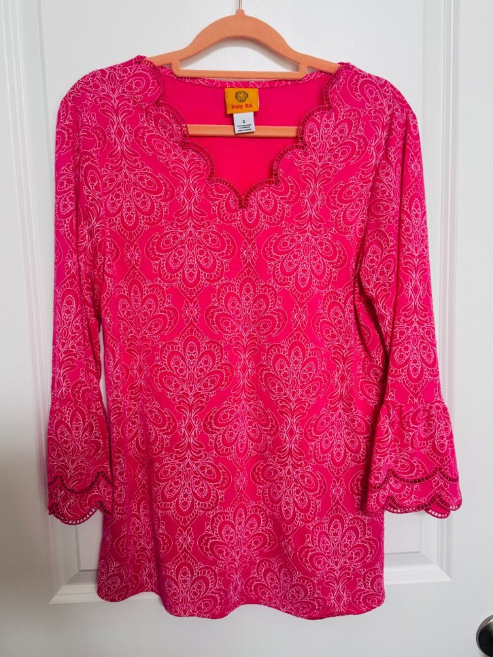 (2 for $10) Ruby Rd Pink Paisley Scalloped Neckline Bell Sleeve Top Size S